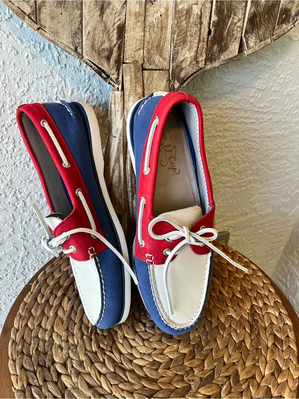 NWOT Sperry Gold Cup Authentic Original 2-Eye Boat Shoes Red White Blue Size 10